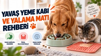 Yavaş yeme kabı ve yalama matı kullanan köpek ve kedi ile kontrollü beslenme rehberi