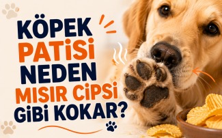 Köpek patisi neden mısır cipsi gibi kokar sorusunu açıklayan, patisini koklayan köpek ve pati kokusunun nedenlerini anlatan görsel