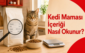 Kedi maması paketindeki protein, kül, kalori ve tahıl bilgilerini inceleyen bir mercek ve merceğin yakınlaştığı mama içeriği etiketi