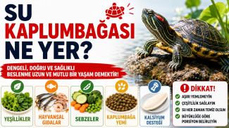 Su kaplumbağası ne yer sorusunu açıklayan, yeşillikler, hayvansal gıdalar, sebzeler ve kaplumbağa yemi ile dengeli beslenen su kaplumbağası