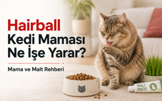 Hairball kedi maması, malt ürünü ve tarama fırçasının yanında düzenli olarak taranan uzun tüylü kedi