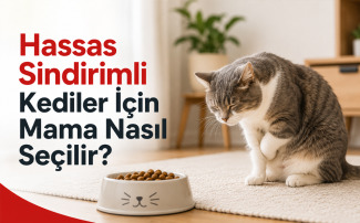 Hassas sindirimli kediler için mama seçimini anlatan, mama kabının yanında sindirim hassasiyeti yaşayan ev kedisi