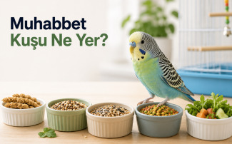 Muhabbet kuşu beslenme rehberini gösteren, kaliteli tohum karışımı, taze sebze ve temiz su ile sağlıklı beslenen muhabbet kuşu