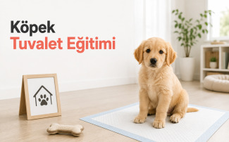 Köpek tuvalet eğitimi sırasında eğitim pedi üzerinde oturan yavru köpeğin pedden dışarı tuvalete geçiş sürecini anlatan rehber görseli