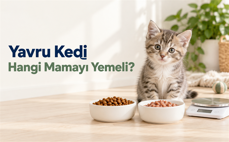 Mama kapları ve mutfak tartısının arkasında duran yavru kedi