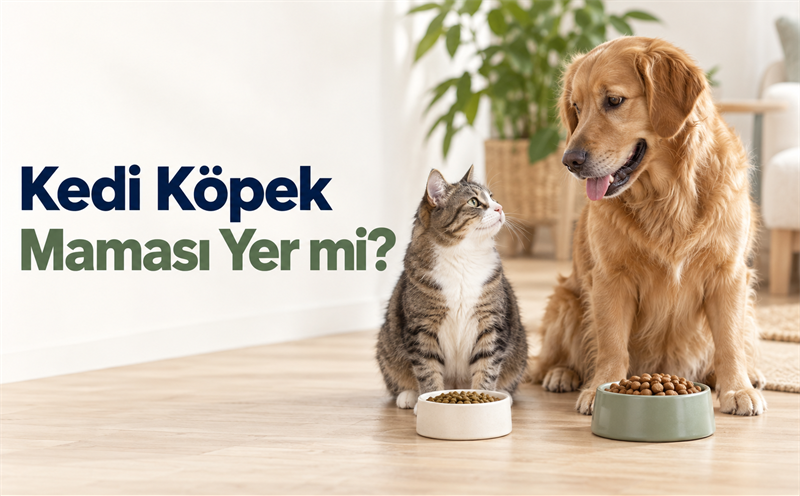 Ayrı mama kaplarının yanında duran kedi ve köpek