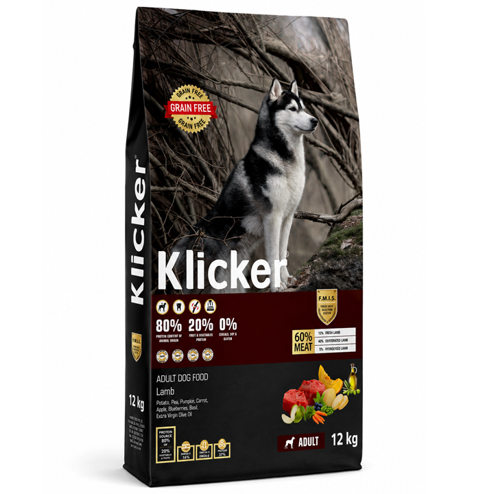 Klicker Glutensiz Tahılsız Kuzu Etli Yetişkin Köpek Maması 12KG