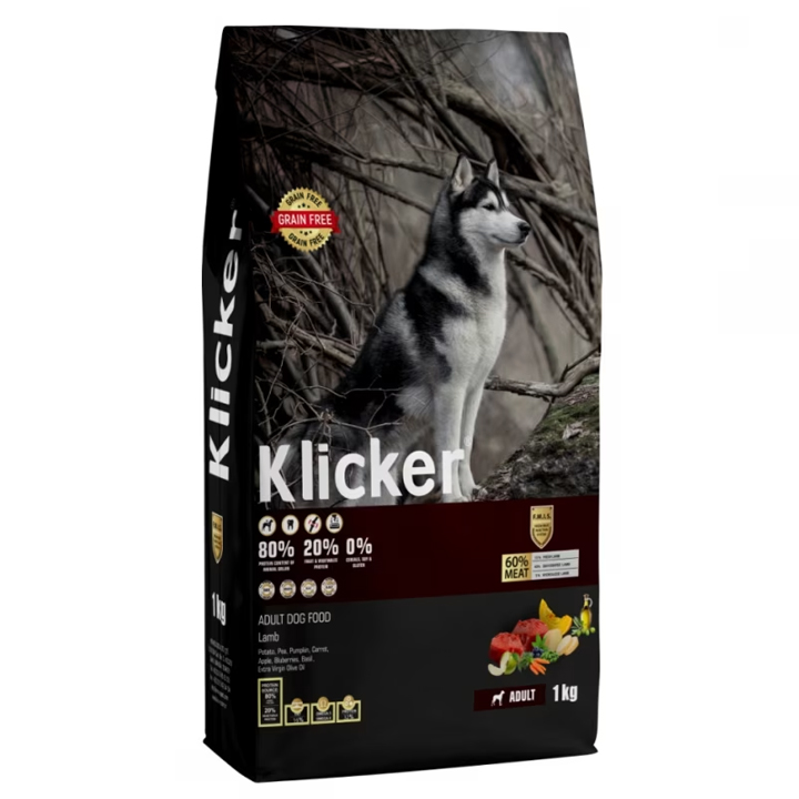 Klicker Glutensiz Tahılsız Kuzu Etli Yetişkin Köpek Maması 1KG