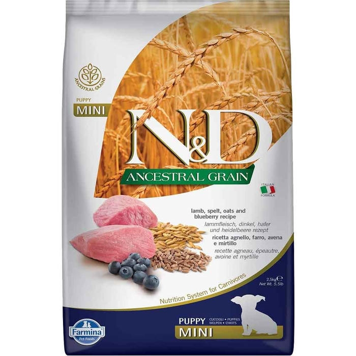 N&D Ancestral Grain - Düşük Tahıllı Kuzulu ve Yaban Mersinli Küçük Irk Yavru Köpek Maması 2,5KG