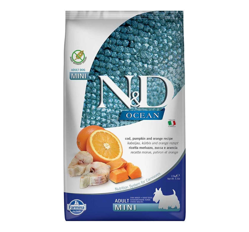 N&D Ocean - Morina Balıklı, Balkabaklı ve Portakallı Tahılsız Küçük Irk Yetişkin Köpek Maması 2,5kg