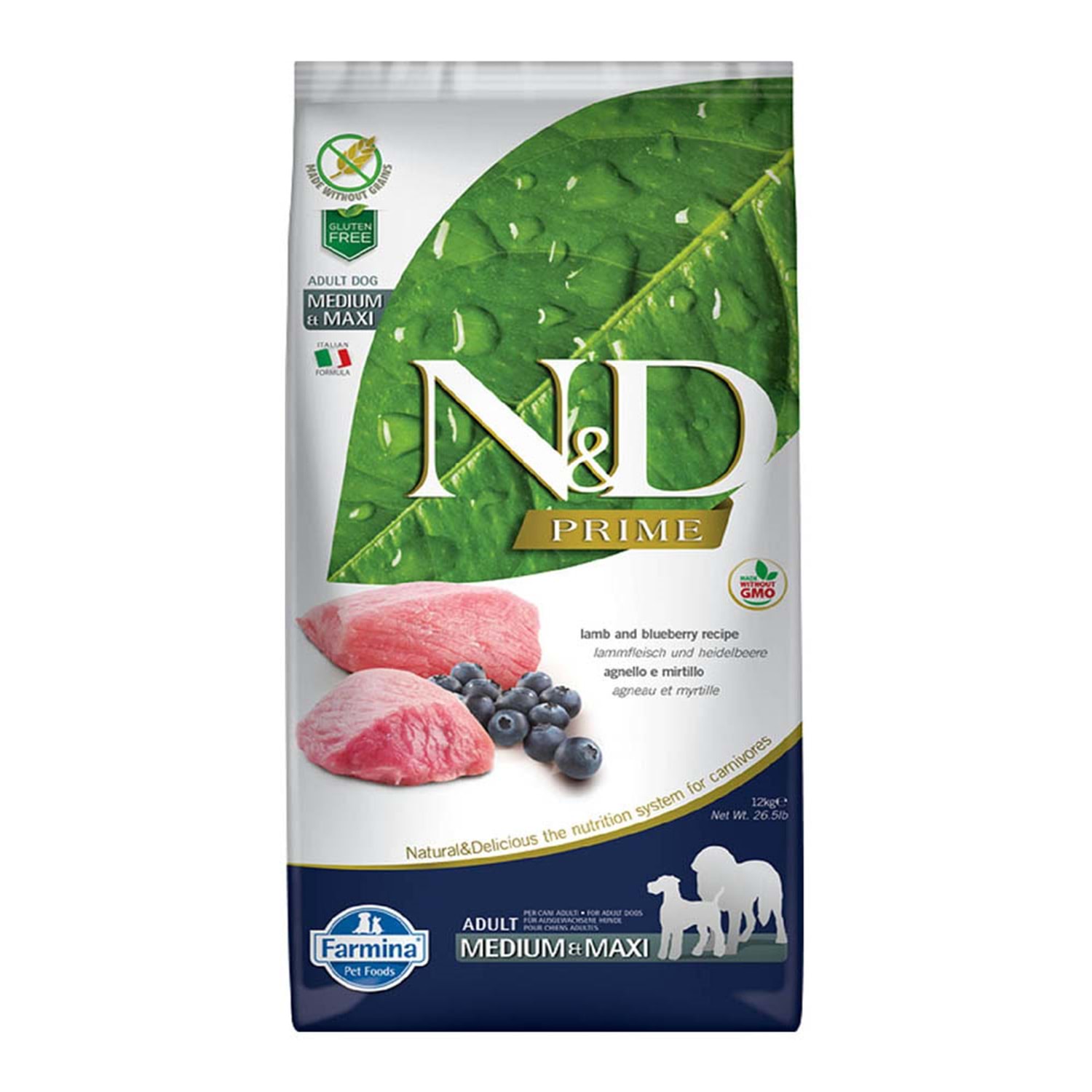 N&D Prime - Kuzulu ve Yaban Mersinli Tahılsız Orta ve Büyük Irk Yetişkin Köpek Maması 12KG
