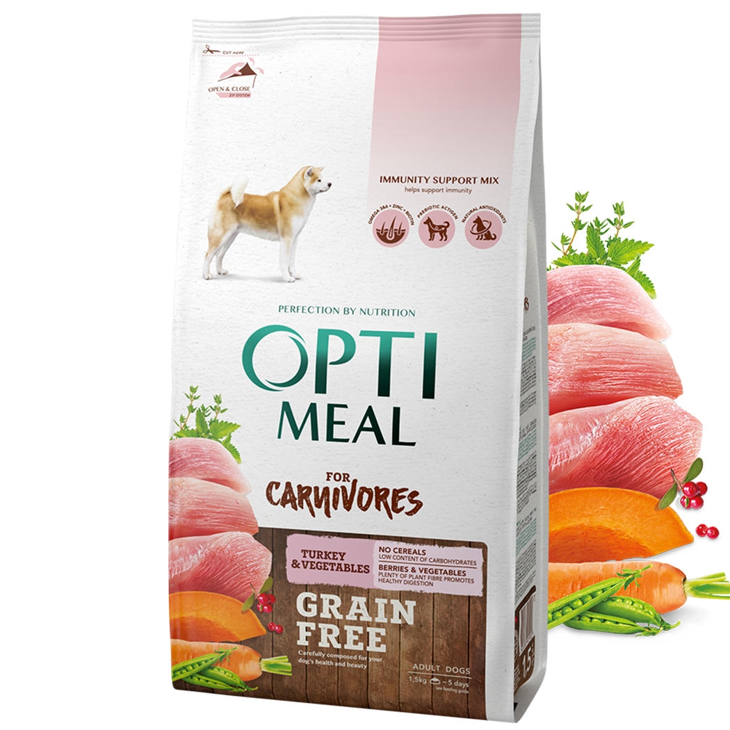 OptiMeal Tahılsız Tüm Irklar İçin Hindili ve Sebzeli Yetişkin Köpek Maması 1.5 KG
