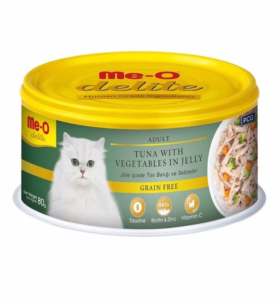 Me-O Delite Jöle İçinde Ton Balıklı ve Sebzeli Tahılsız Yetişkin Kedi Konservesi 80gr