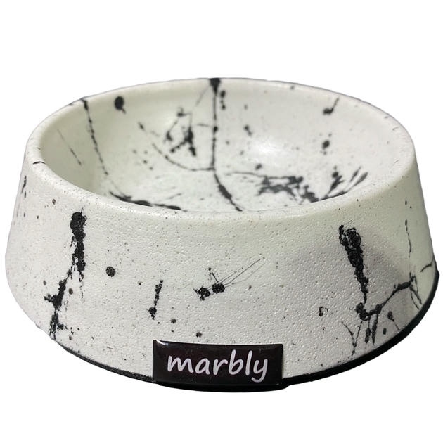 Migno Kedi-Köpek Mama-Su Kabı Mermer (Beyaz-Siyah) 225 ml