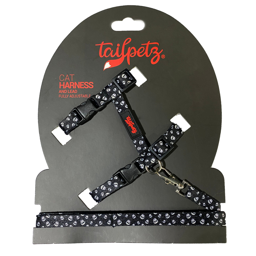 Tailpetz Kedi Göğüs Tasması + Kayış Kurukafa Desenli