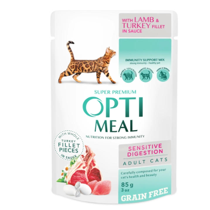 OptiMeal Pouch Tahılsız Hindili & Kuzulu Sensitive Digestion Yaş Kedi Maması 85g