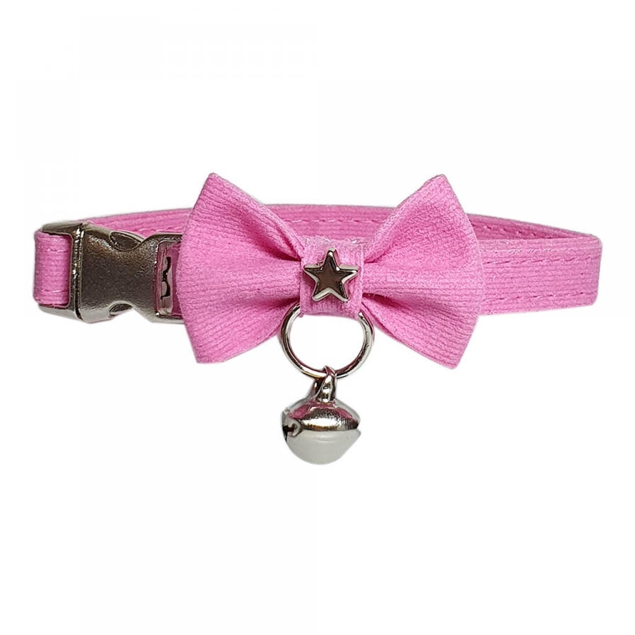 Ewox Kadife Zilli Papyonlu Kedi Boyun Tasması Pembe