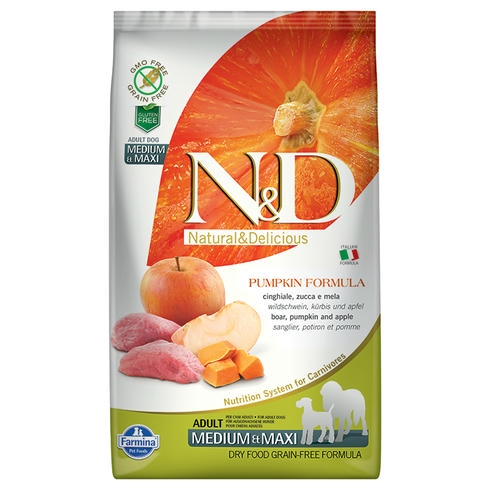 N&D Pumpkin - Yaban Domuzlu, Balkabaklı ve Elmalı Orta ve Büyük Irk Yetişkin Köpek Maması 2,5KG