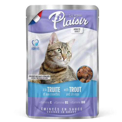 Plaisir Pouch Alabalık ve Karidesli Soslu Parçalı Yetişkin Kedi Yaş Maması 100 Gr