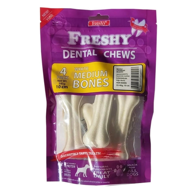 Freshy Beyaz Press Deri Köpek Çiğneme Kemiği Medium Bones 10 Cm 4 Adet