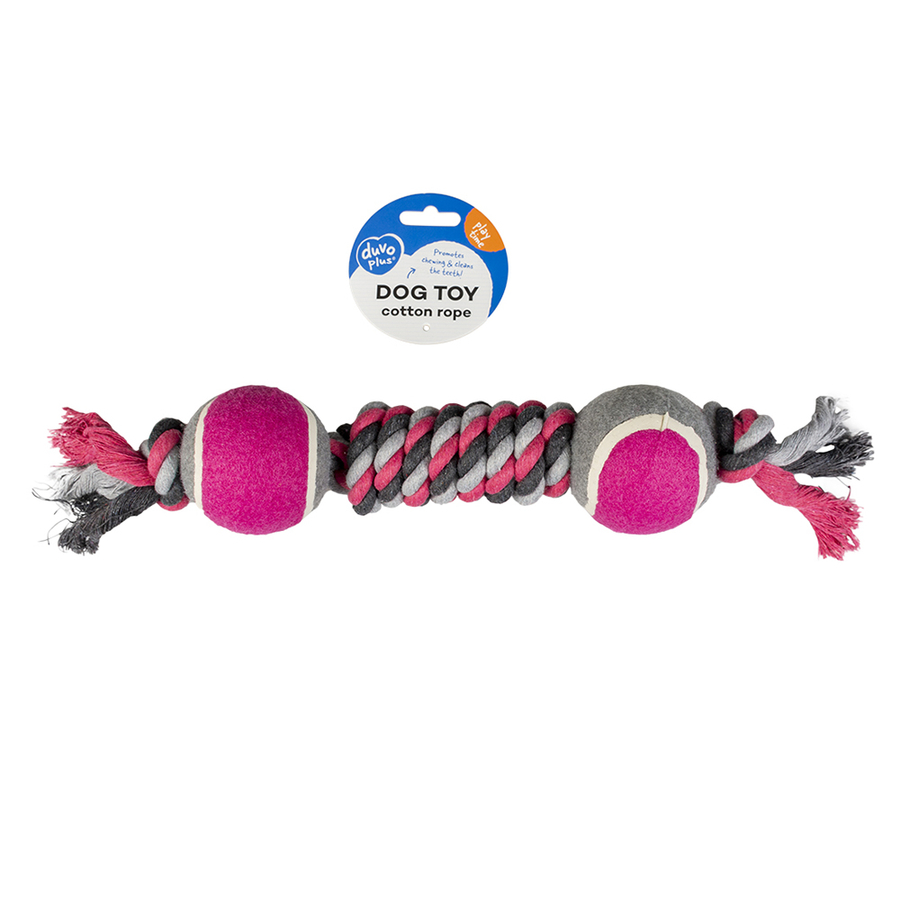 Duvo+ Köpek Düğümlü 2 Tenis Toplu Gri/Pembe Köpek Diş İpi 38 cm