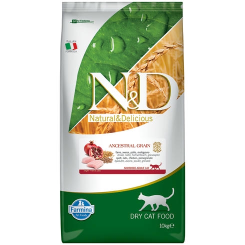 N&D Ancestral Grain - Düşük Tahıllı Tavuklu ve Narlı Kısırlaştırılmış Kedi Maması 10KG