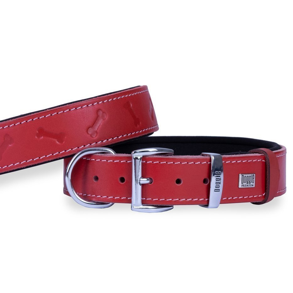 Doggie Comfort Deri Kemik Desenli Köpek Boyun Tasması Kırmızı 3.5x47-55 Cm