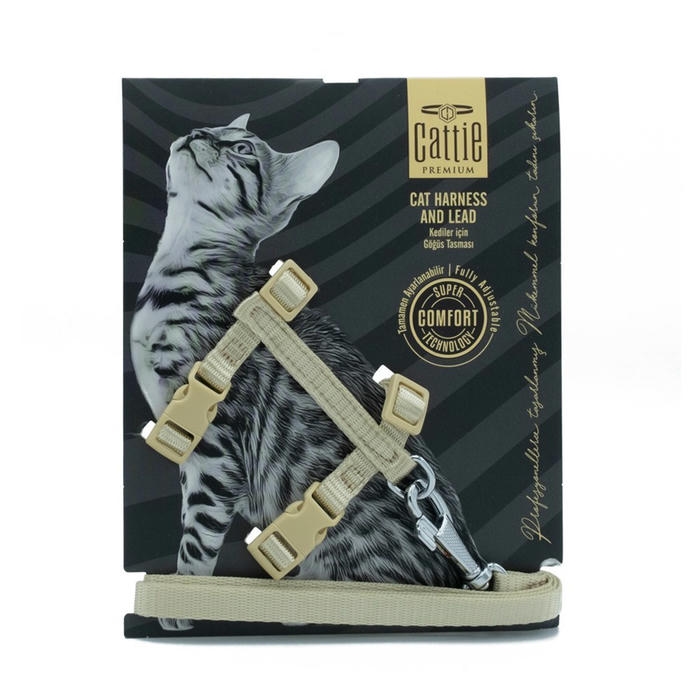 Cattie Dokuma Kedi Gezdirme Göğüs Tasma Takımı Haki 1x25-40cm