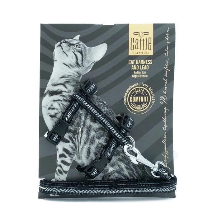 Cattie Özel Desenli Dokuma Kedi Göğüs ve Uzatma Seti Siyah 1x25-40cm