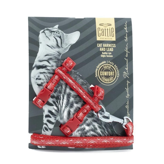 Cattie Özel Desenli Dokuma Kedi Göğüs ve Uzatma Seti Kırmızı 1x25-40cm
