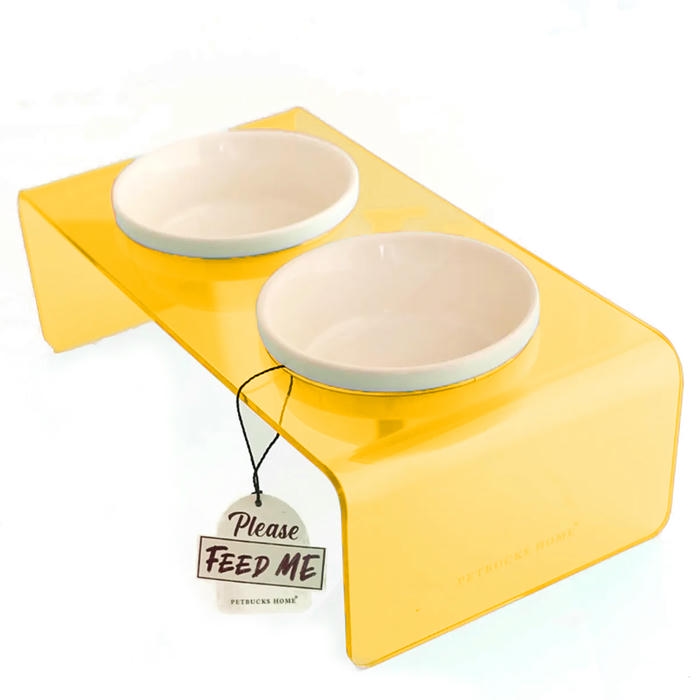 Petbucks Home Kedi ve Köpek Dekoratif Seramik İkili Mama Kabı & Su Kabı 2x300 ml (Şeffaf Sarı)