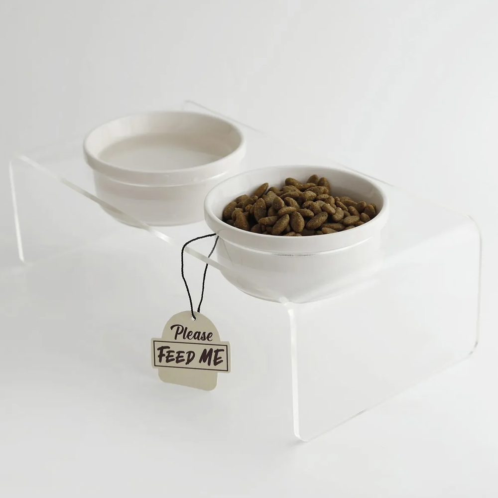 Petbucks Home Kedi ve Köpek Dekoratif Seramik İkili Mama Kabı & Su Kabı 2x300 ml (Şeffaf)