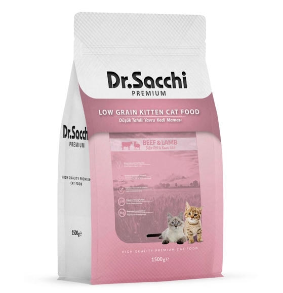Dr.Sacchi Premium Düşük Tahıllı Kuzu Etli ve Sığır Etli Yavru Kedi Maması 1,5 Kg