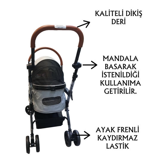 Tommy Kedi ve Küçük Irk Köpek Taşıma Arabası 15 Kg Taşıma Kapasiteli Gri  (76,5x48x99cm)