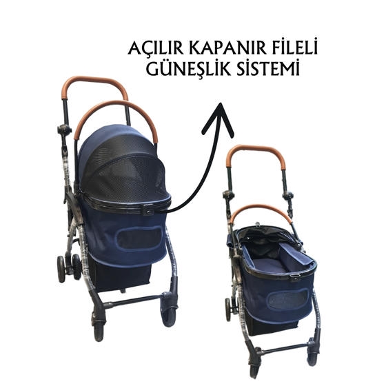 Tommy Kedi ve Küçük Irk Köpek Taşıma Arabası 15 Kg Taşıma Kapasiteli Lacivert (76,5x48x99cm)