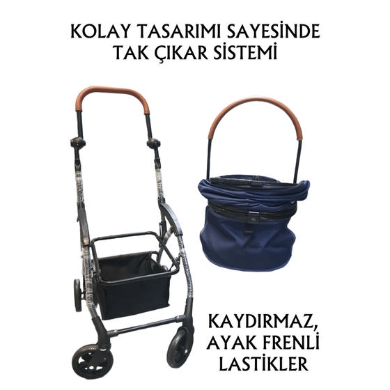Tommy Kedi ve Küçük Irk Köpek Taşıma Arabası 15 Kg Taşıma Kapasiteli Lacivert (76,5x48x99cm)