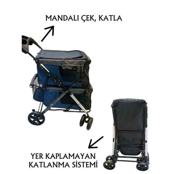 Tommy İki Katlı Kedi ve Küçük Irk Köpek Taşıma Arabası 10+10 Kg Taşıma Kapasiteli Lacivert (85x51x100cm)