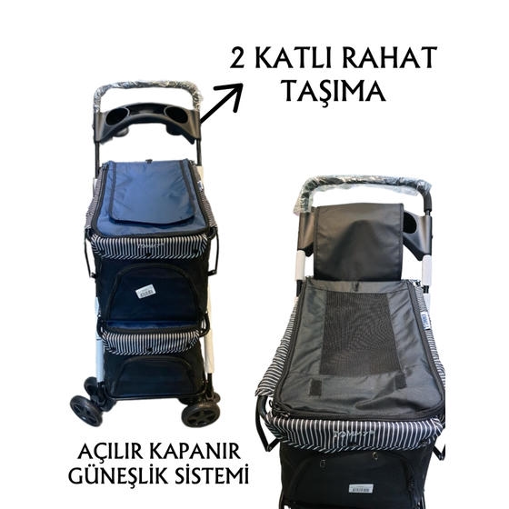 Tommy İki Katlı Kedi ve Küçük Irk Köpek Taşıma Arabası 10+10 Kg Taşıma Kapasiteli Lacivert (85x51x100cm)