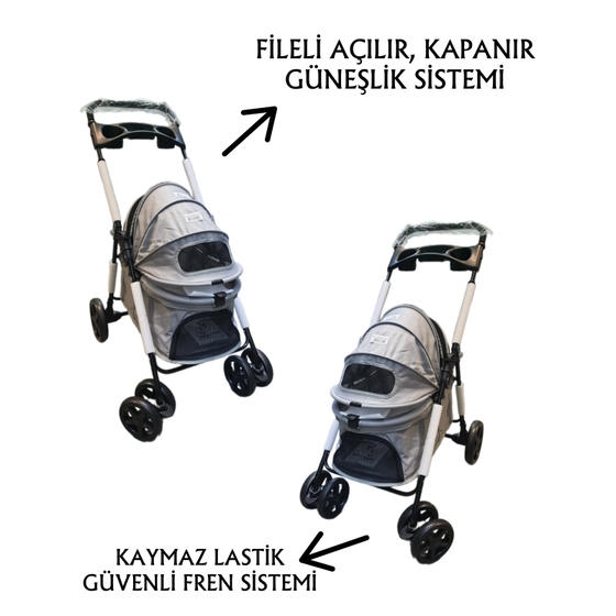 Tommy Kedi ve Küçük Irk Köpek Taşıma Arabası 15 Kg Taşıma Kapasiteli Gri (74,5x46,5x97,5cm)