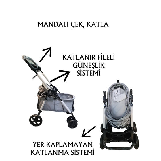 Tommy Kedi ve Küçük Irk Köpek Taşıma Arabası 15 Kg Taşıma Kapasiteli Gri (74,5x46,5x97,5cm)