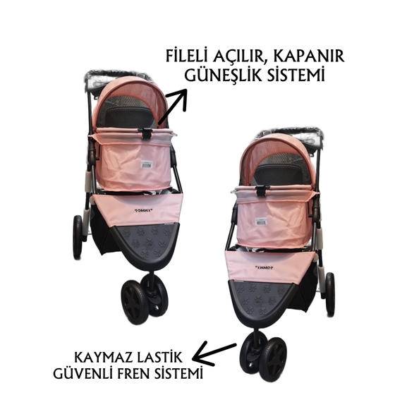Tommy Kedi ve Küçük Irk Köpek Taşıma Arabası 15 Kg Taşıma Kapasiteli Pembe (86x46x94,5cm)