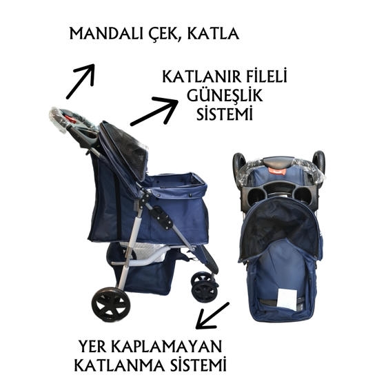 Tommy کالسکه گربه و سگ نژاد کوچک 15 Kg ظرفیت حمل آبی تیره (80x46x99cm)