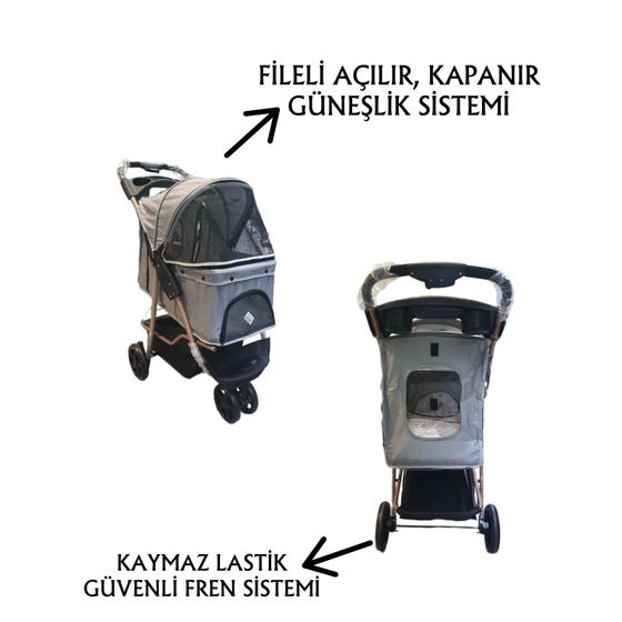 Tommy Kedi ve Küçük Irk Köpek Taşıma Arabası 15 Kg Taşıma Kapasiteli Gri (87x50x107cm)