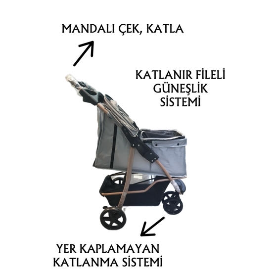 Tommy Kedi ve Küçük Irk Köpek Taşıma Arabası 15 Kg Taşıma Kapasiteli Gri (87x50x107cm)