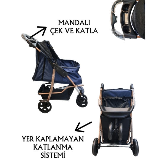 Tommy Kedi ve Küçük Irk Köpek Taşıma Arabası 15 Kg Taşıma Kapasiteli Lacivert (87x50x107cm)