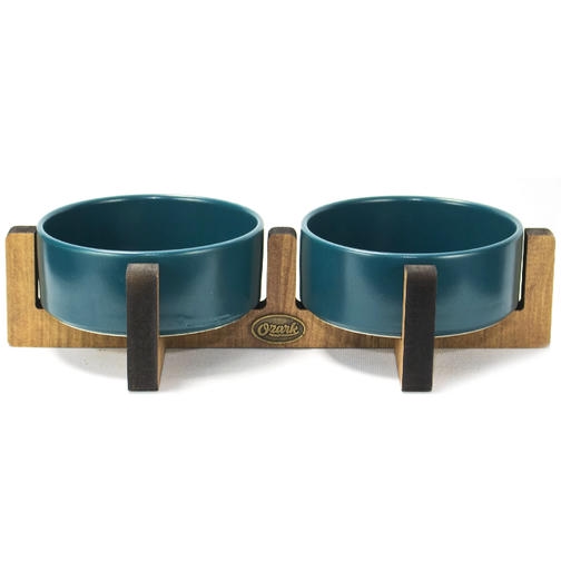 PetVoda Ozark Ahşap Standlı İkili Seramik Mama-Su Kabı Seti Petrol Mavisi 33x16x6 cm (400 ml x 2)