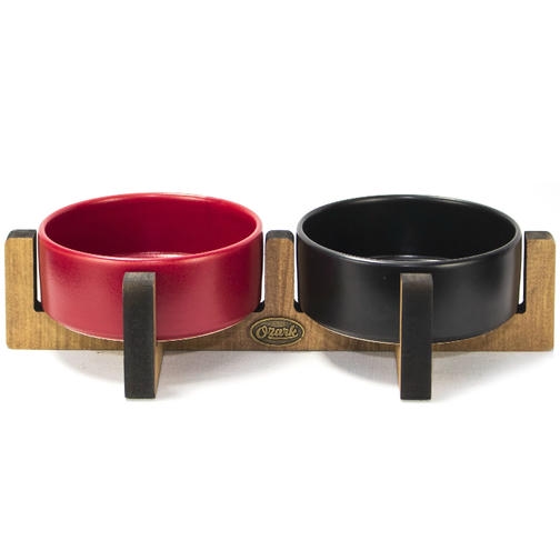 PetVoda Ozark Ahşap Standlı İkili Seramik Mama-Su Kabı Seti Siyah-Kırmızı 33x16x6 cm (400 ml x 2)