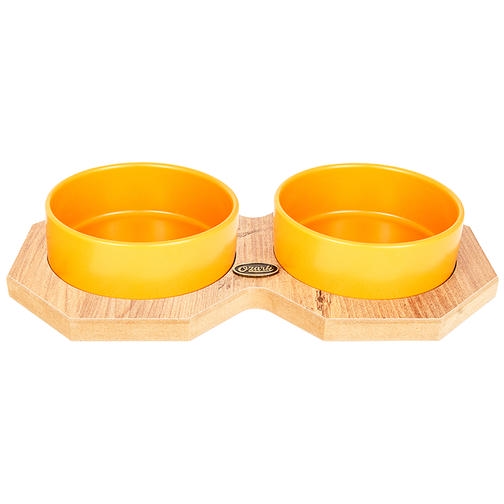 PetVoda Ozark Sekizgen Ahşap Standlı İkili Seramik Mama-Su Kabı Seti Hardal 19,5x37,2 cm (400 ml x 2)