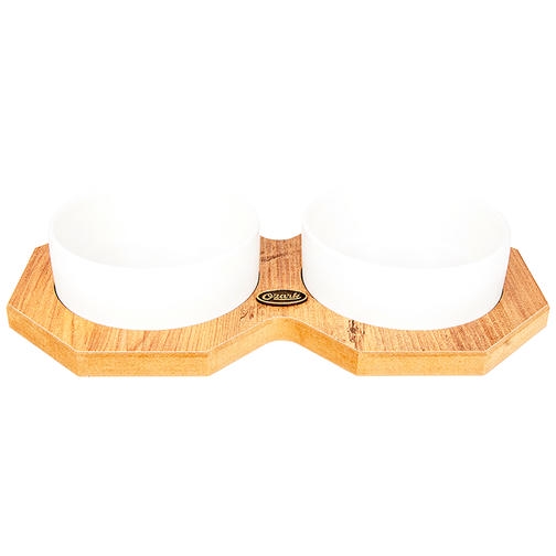 PetVoda Ozark Sekizgen Ahşap Standlı İkili Seramik Mama-Su Kabı Seti Beyaz 19,5x37,2 cm (400 ml x 2)