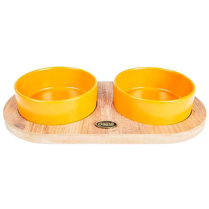 PetVoda Ozark Oval Ahşap Standlı İkili Seramik Mama-Su Kabı Seti Hardal 19,5x37,2 cm (400 ml x 2)
